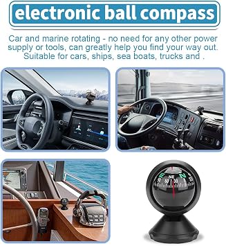 Car Compass, Vehicle Compass, Dash Mount Adjustable Compass Ball with Bottom Stick, Universal Car Accessories Navigation Hiking Direction Pointing Guide Ball Fit for SUV, Truck, RV