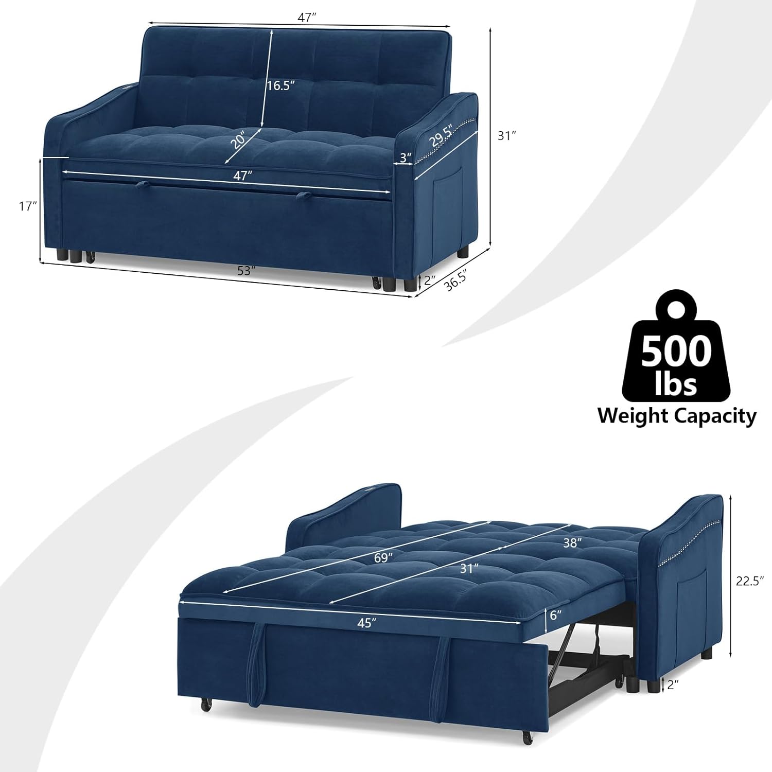 Sleeper Sofa with Pocket Velvet Pull Out Sofa Bed with USB Charging Convertible Sofa Adjustable Backrest Loveseat Sofa Couch for Living Room, Office,Small Space (Blue)