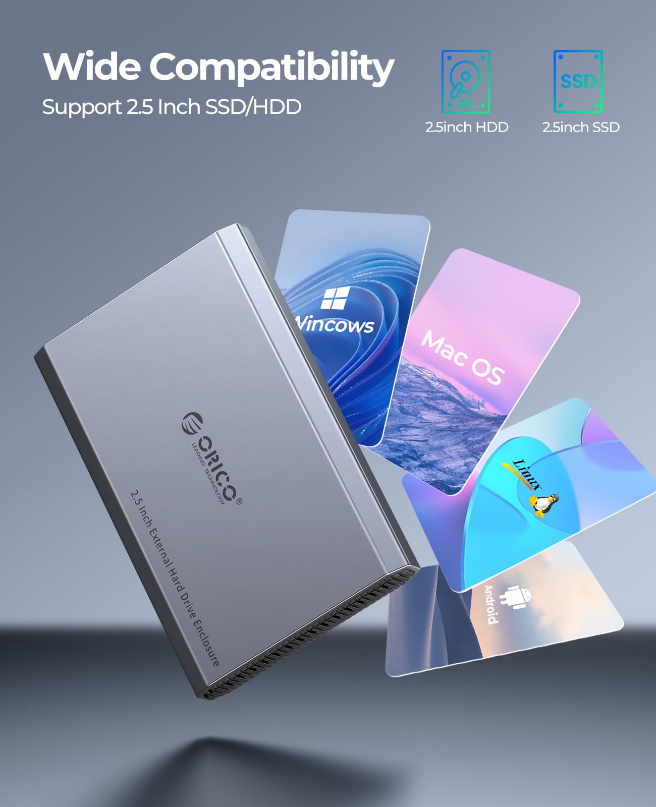 ORICO Case Esterno 2.5" SATA per HDD/SSD, [SENZA DISCO], Alloggiamento in Alluminio con Dissipazione, USB-C 3.2 Gen 2 (6Gbps) Supporta UASP, Cavo 2-in-1 USB C/A, per PC/PS4/Xbox - DD25C3
