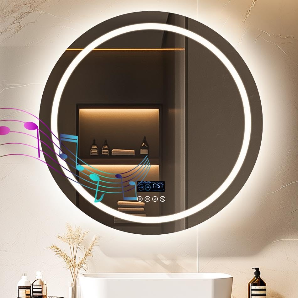 LUVODI Espejo Baño Luz Led Bluetooth Redondo:80 cm Espejo Baño Pared Antivaho Espelho Banho Lavavo Inteligente con 3 Colores de Luz Frontal y Retroiluminado Regulable Función Memoria 2 Altavoz Premium