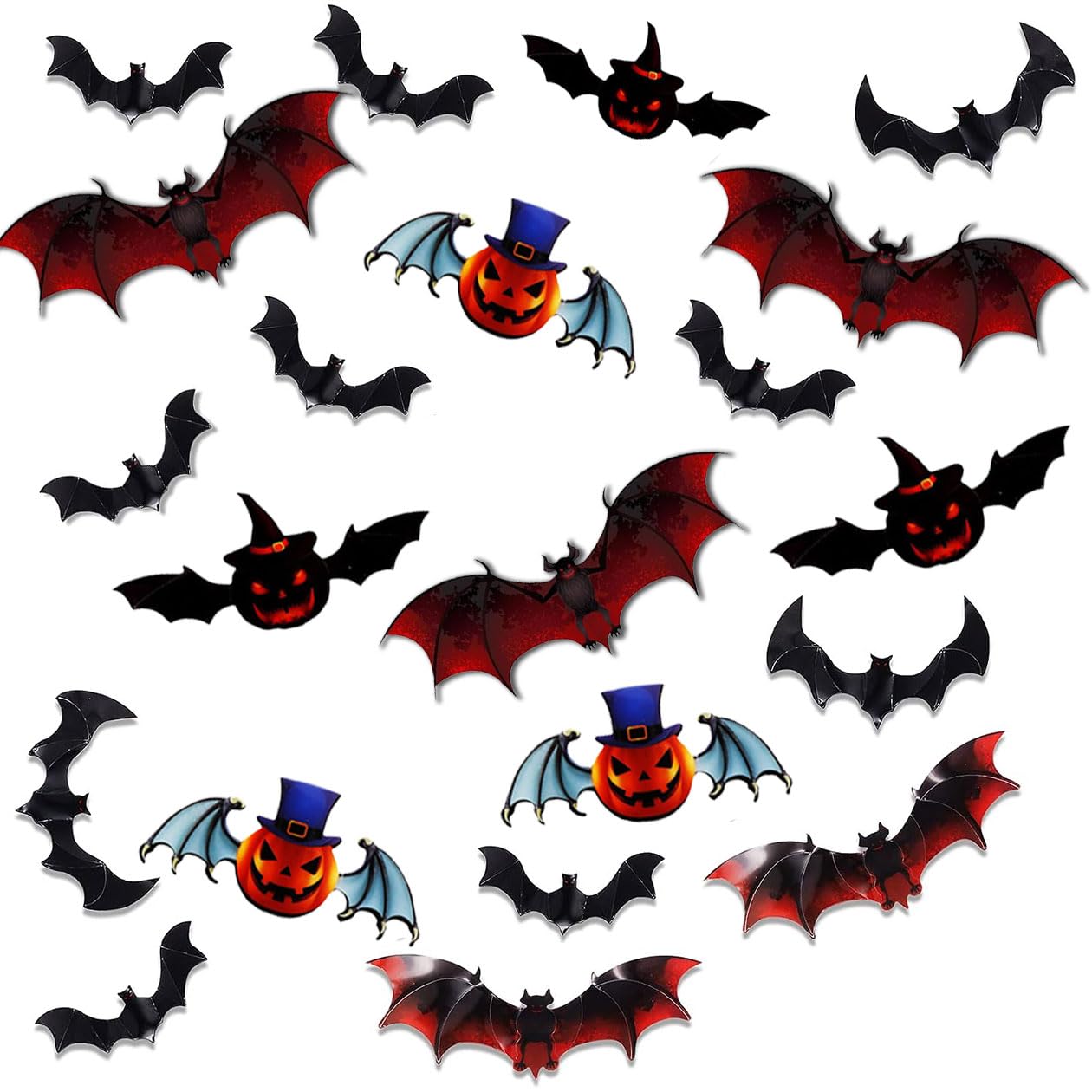 Jc.upin 24 Pcs Halloween Bats, 3D Wall Stickers, Black Red PVC Pumpkin Bats, Halloween Decorations for Indoor/Outdoor