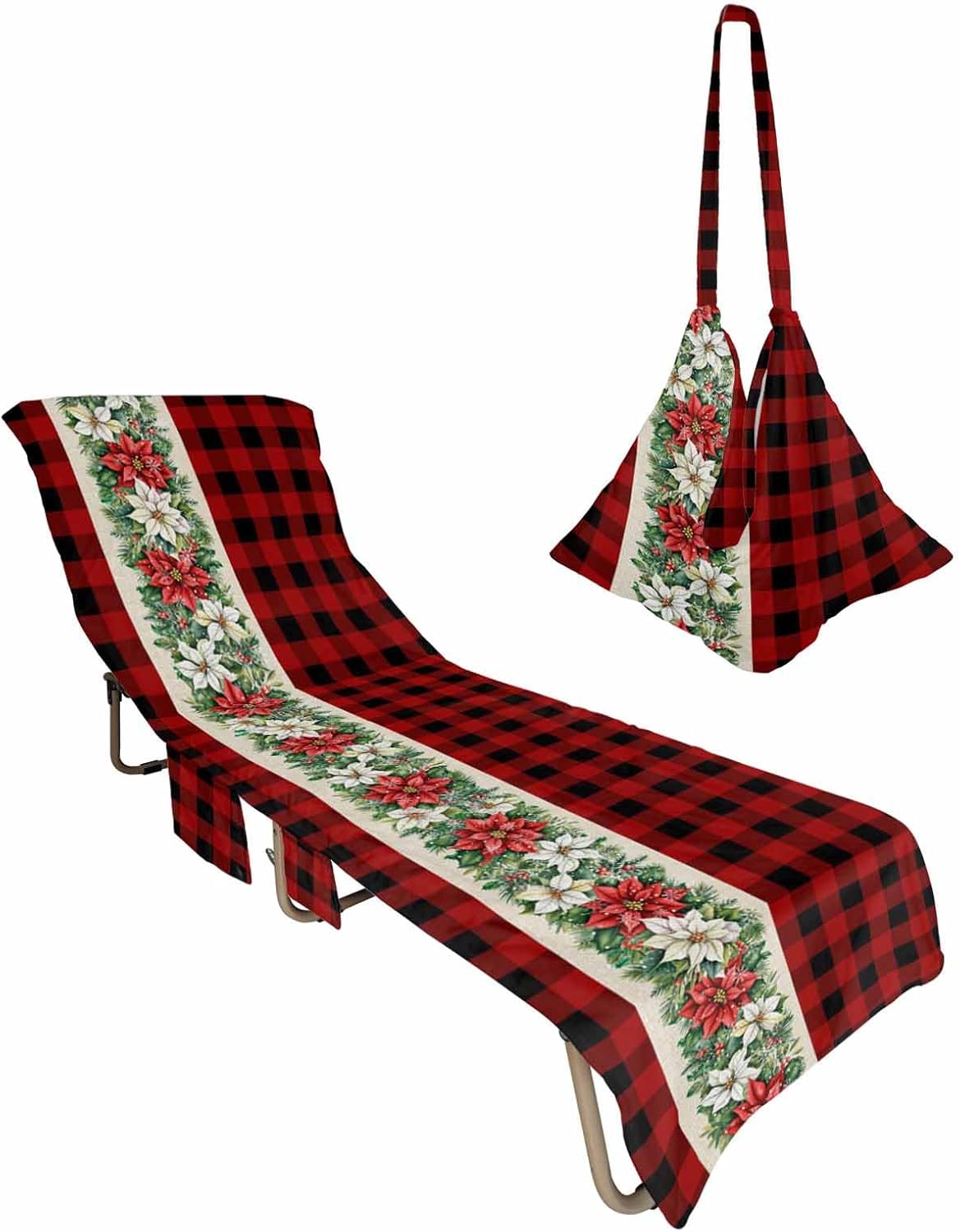 Poinsettia Beach Pool Patio Lounge Chaise Chair Cover Towel With Pockets,Absorbent & Quick Dry Microfiber Towel Cover Bag Summer Accessories for Sunbathing Christmas Red Black Buffalo Plaid Checkered