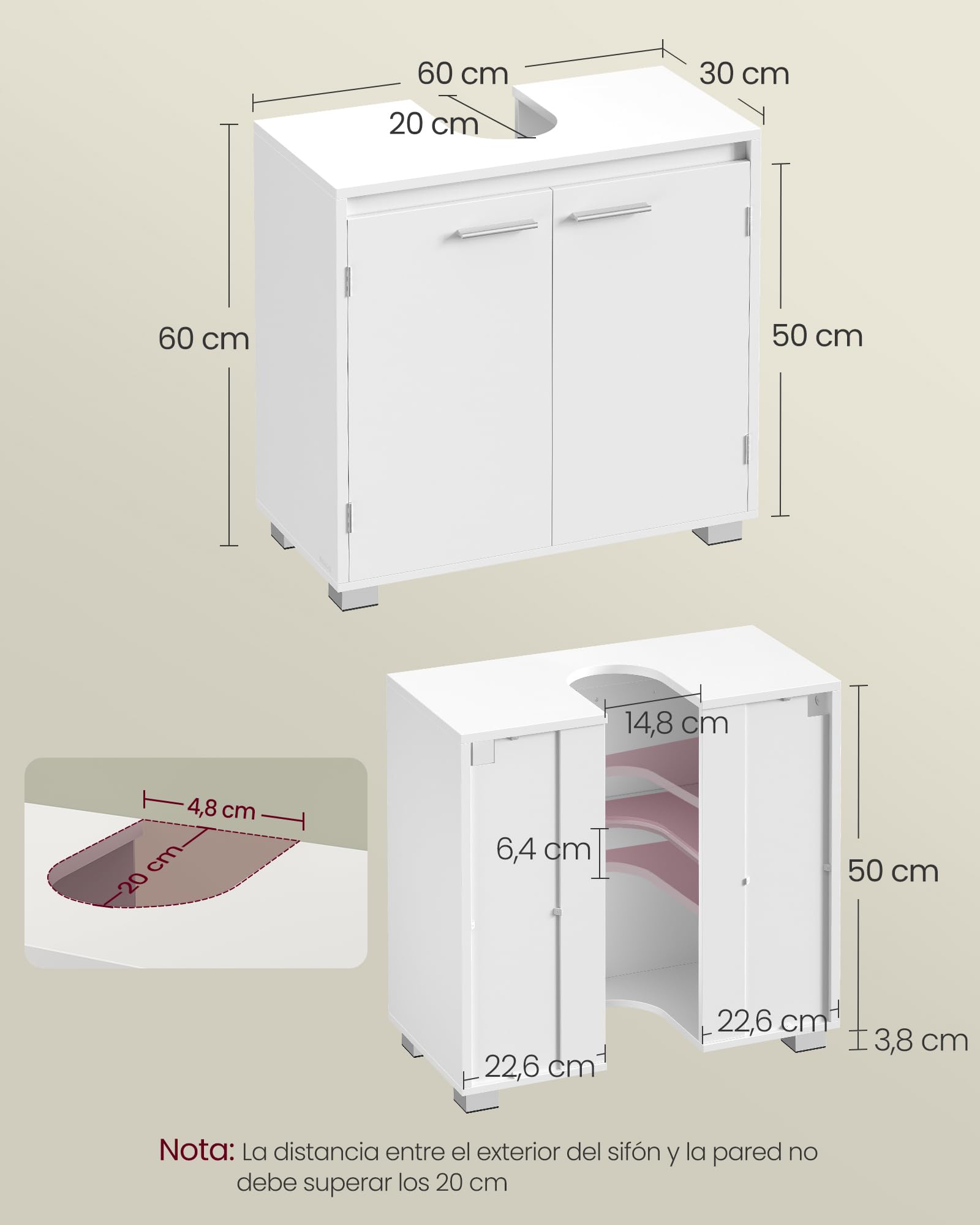 VASAGLE Armario Bajo Lavabo, Mueble de Baño, 2 Compartimentos Detrás de Las Puertas, para Diferentes Tipos de Lavabos, con Pies, 30 x 60 x 60 cm, Blanco Nube BBK506W01