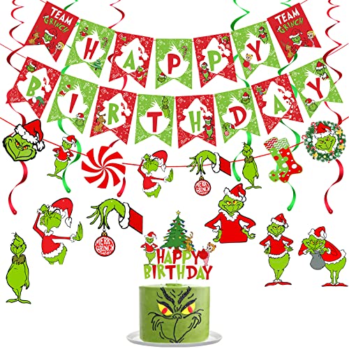 Red Green Grinches Happy Birthday Banner The Grinches Birthday Banner for Grinches Happy Birthday Decorations, Grinches Whoville Christmas Birthday Party Decorations