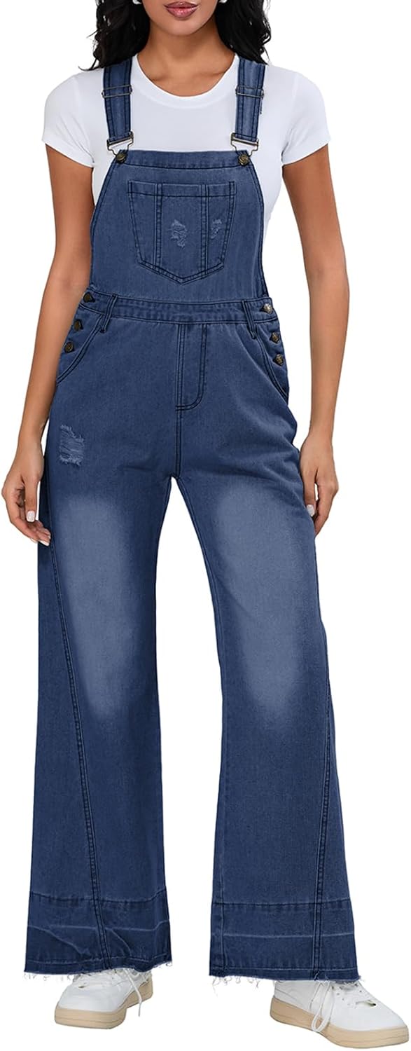 Women's Baggy Denim Overalls Casual Ripped Adjustable Strap Flared Jumpsuit Wide Leg Revolt Overalls with Pockets