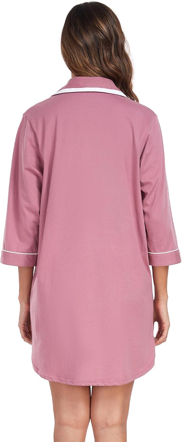 COLORFULLEAF Women's 100% Cotton Nightgowns 3/4 Sleeve V-Neck Sleep Shirt Soft Button Down Pajama Dress - Image 4