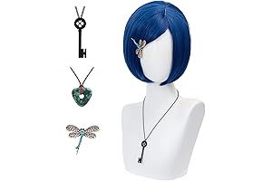Coral Blue Coraline Wig with Key Necklace and Dragonfly