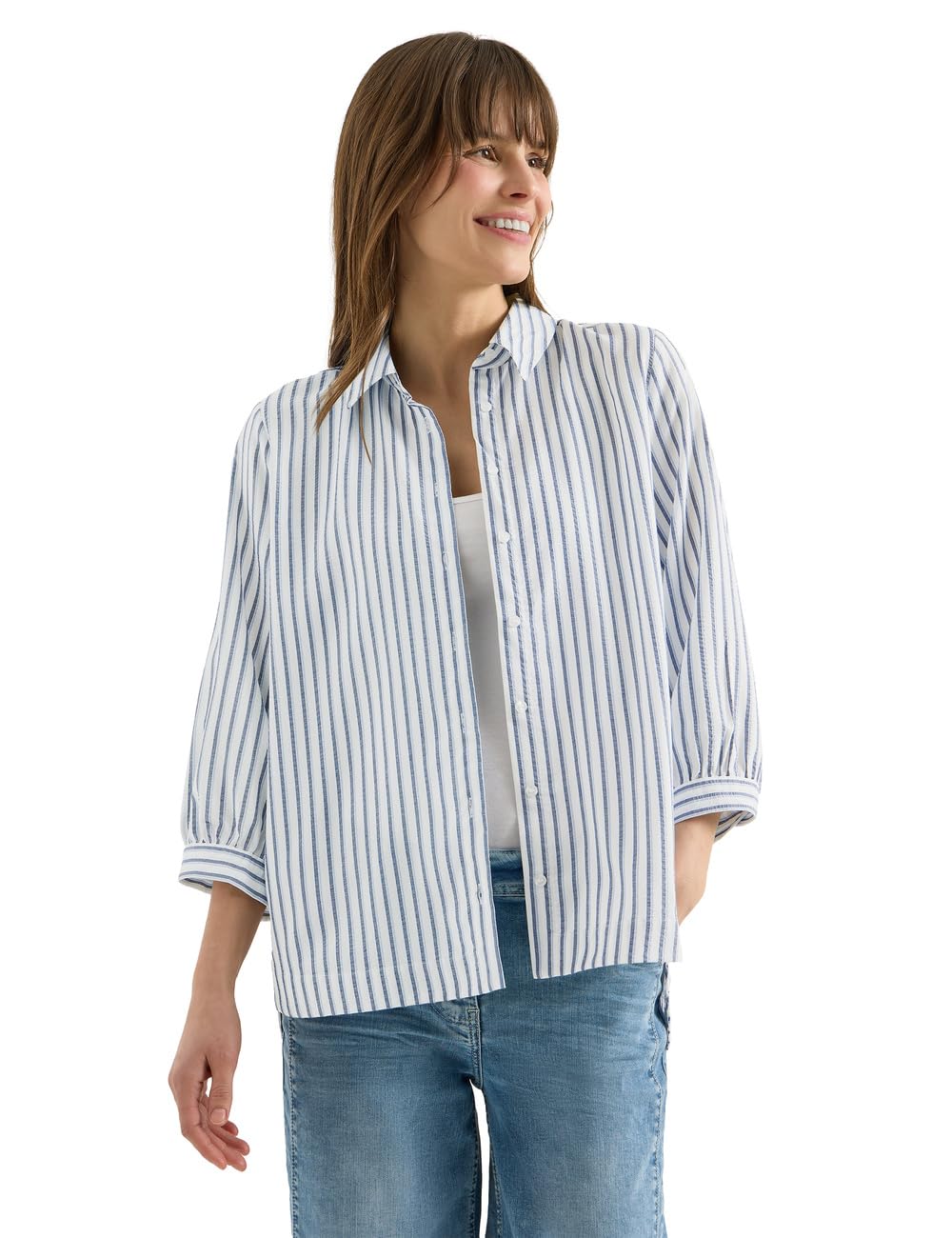 Cecil Seersucker Shirt Blouse Sporty Denim Blue L