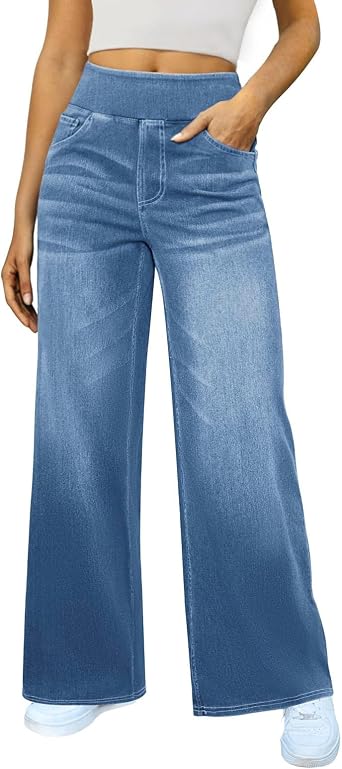 Wide Leg Jeans Woman | High Waisted Stretchy Baggy Jean, Elastic Waist Pull On Sweatpant, Long Straight Denim Pants