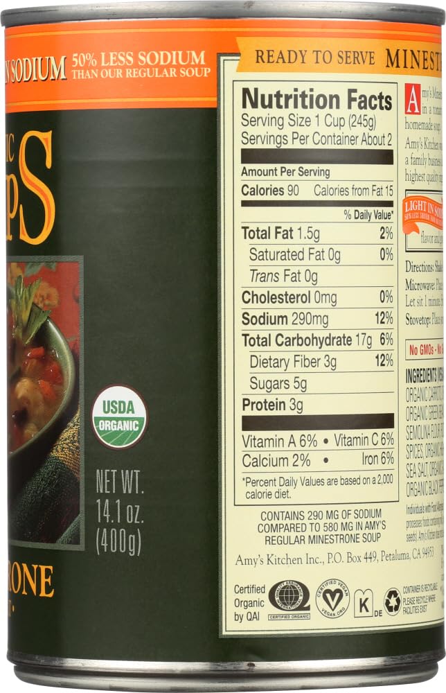 Amy's Organic Soups Low Fat Minestrone Light In Sodium 14.1 OZ (Pack of 9)