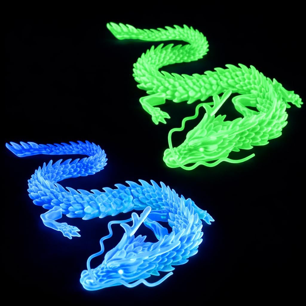 2PCS 12 Inch 3D Printed Dragon, Crystal Fidget Toys, Glow Blue + Glow Green