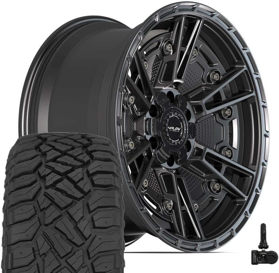 4PLAY Wheels 4PS01 17 Inch Rims and Tires Fit 6x135 & 6x139.7 17x9 Satin Black - TerraMax RT 33x12.50/17 (Set of 4)