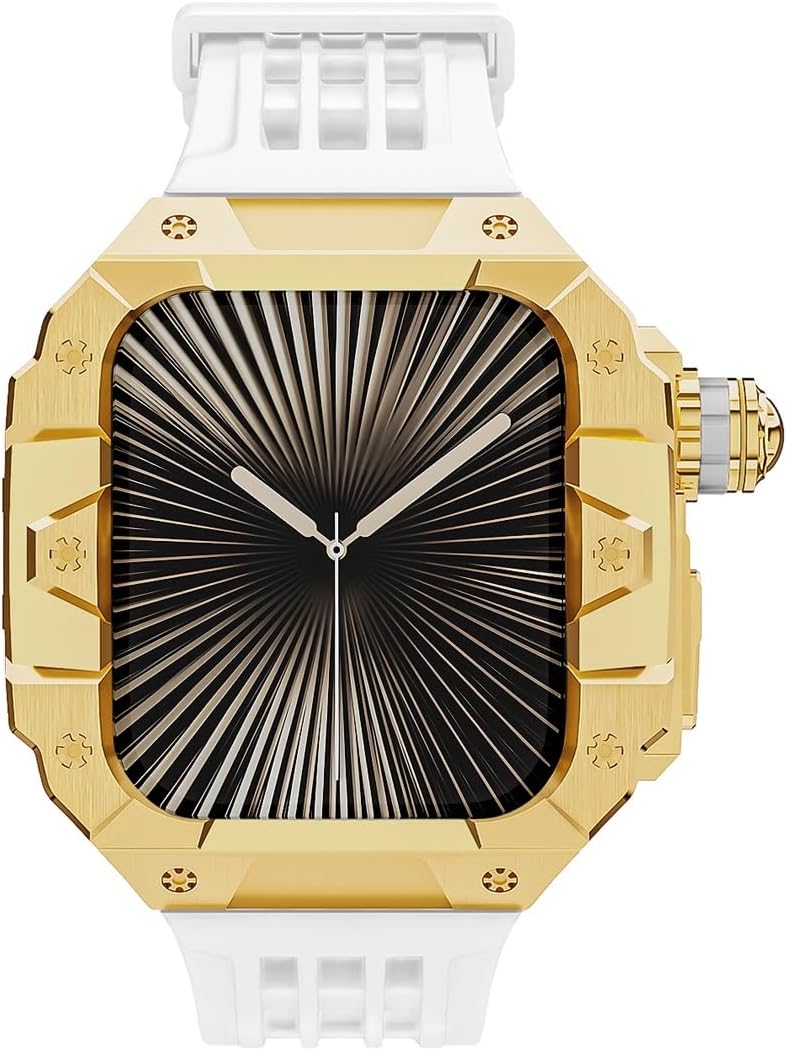 SCHIK Premium Stainless Steel Case Mod Kit，For Apple Watch Series S10 46mm Watch，Butterfly Buckle Fluororubber Watch Case Strap Upgrade Replacement Parts