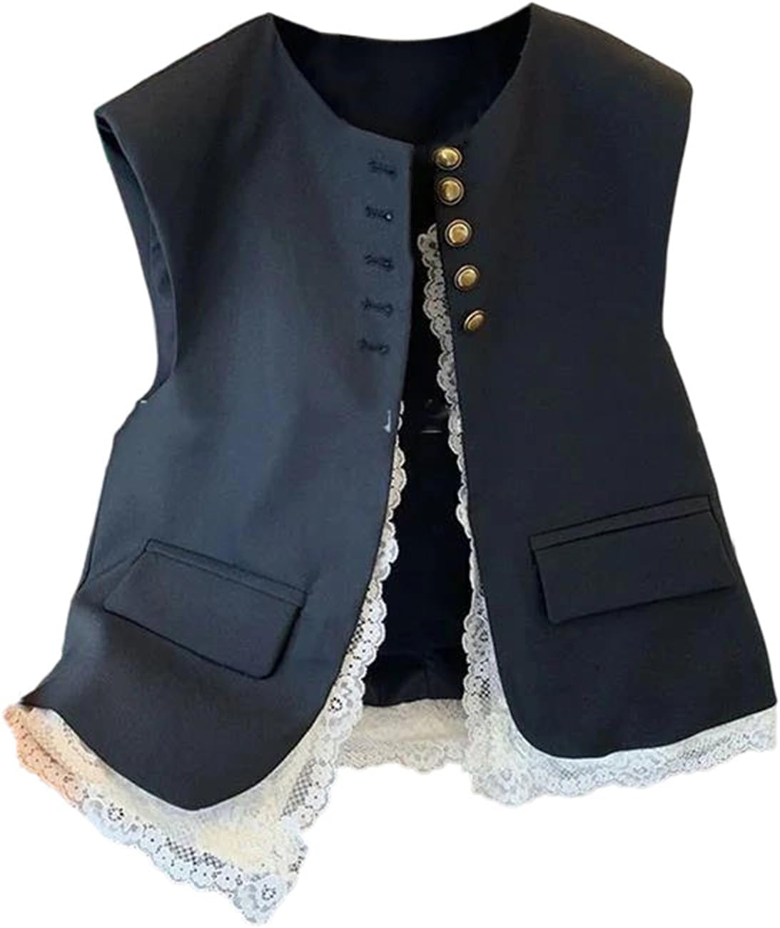 Women’S Lace Patchwork Vest O Neck Sleeveless Jackets Female Loose Waistcoat Vintage Tops Casual Dress Suit Vest Top