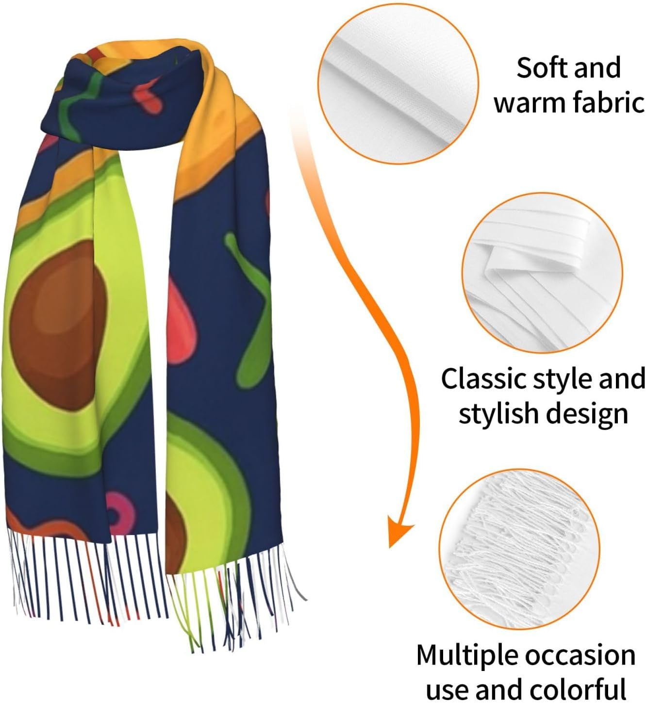 77x27 Inch Taco Avocado Pattern Warm Winter Shawl Wrap For Women With Tassel Fringe, Single-Sided Printed Cozy Blanket Scarf For Cold Weather