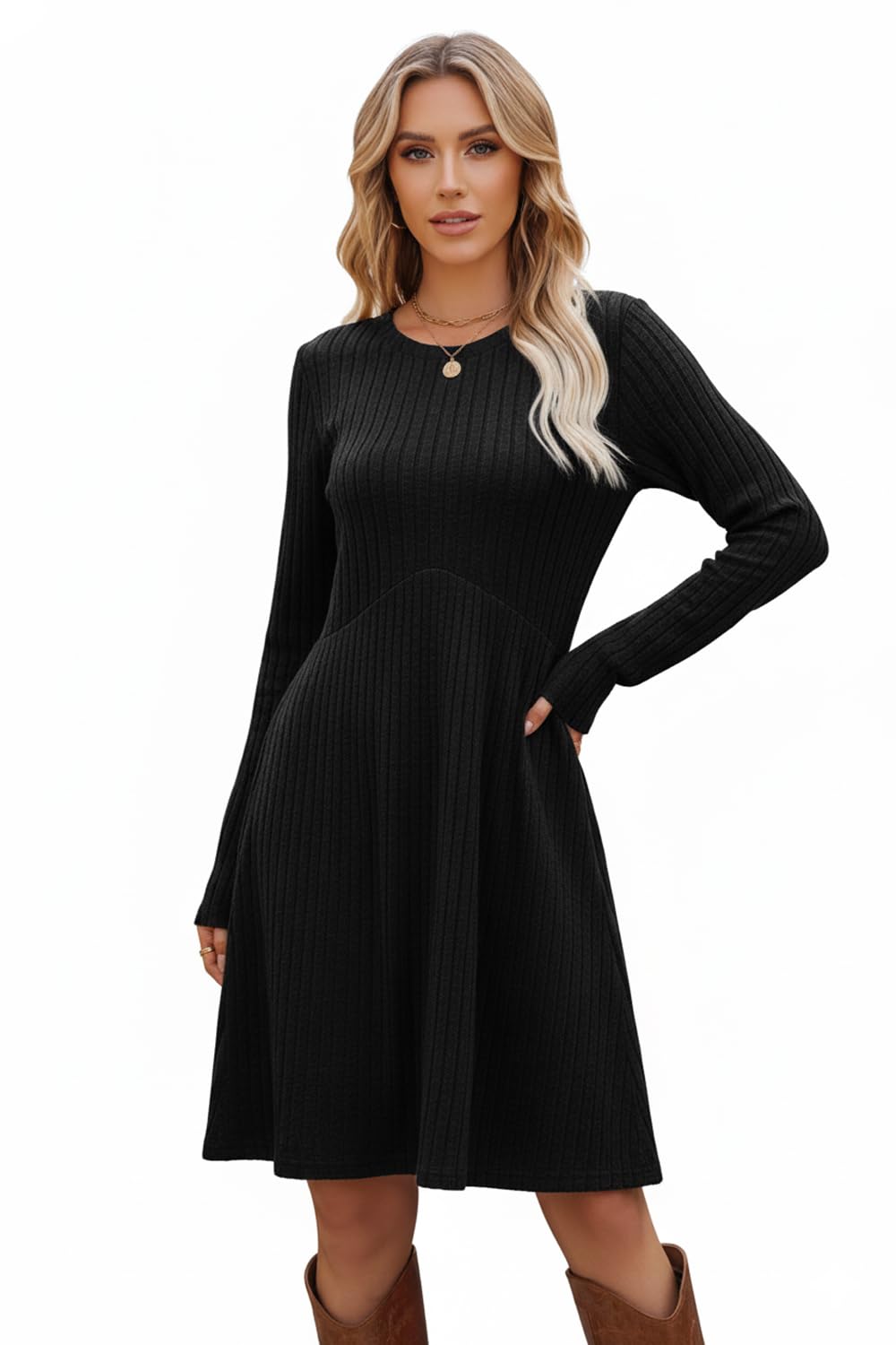 LIAMERHE Damen Elegant Kleid Langarm Rundhals Casual Strickkleid A-Linie Herbstkleid Vertikale Streifen Pulloverkleid Freizeitkleider Winter Kleid Partykleid mit Taschen