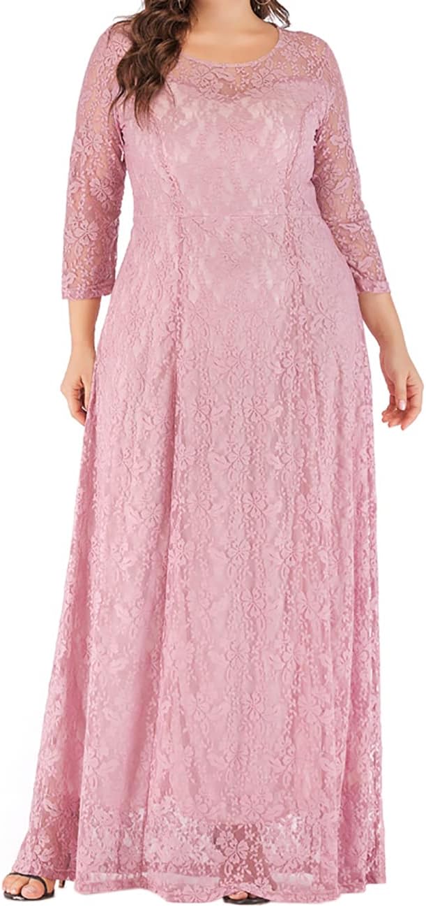 MAYFASEY Women's Plus Size Floral Lace Wedding Dress 3 4 Sleeve Bridesmaid Evening Party Long Maxi Dresses with Pockets