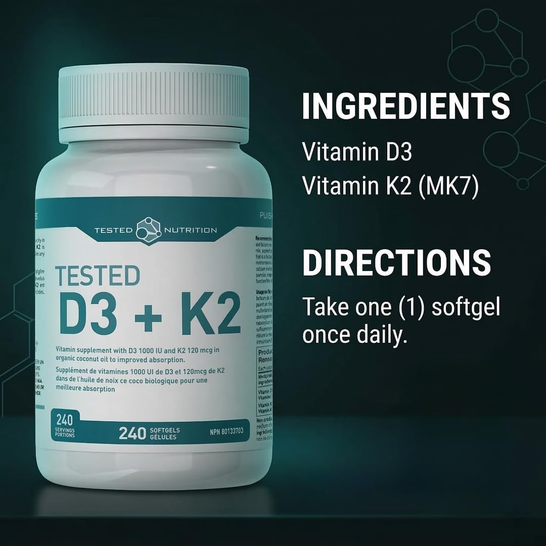 D3 + K2 Softgels | 1000 IU Vitamin D3 & 120 mcg Vitamin K2 in Organic Coconut Oil | Improved Absorption, Immune Support, Cardiovascular Health Support | 240 Softgels