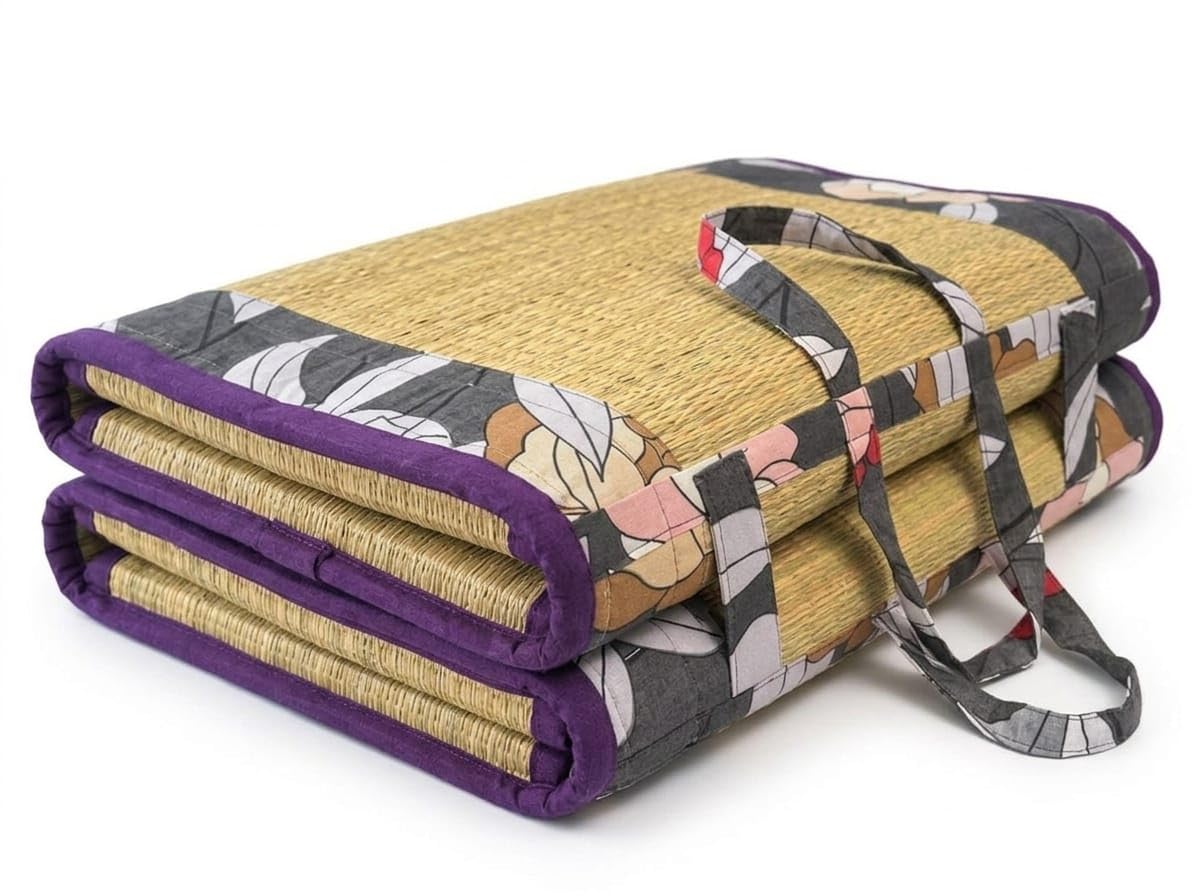 Foldable Korai Mat with Foam Padding, Natural Material, 4x6 Size, 18 MM Thickness, Floral Border-image-4