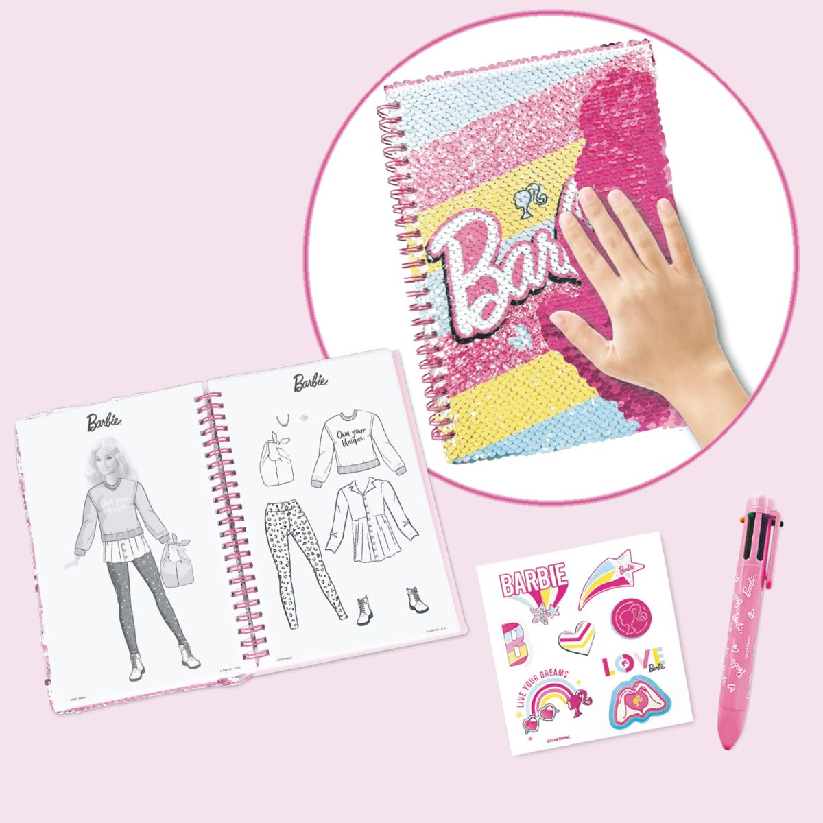 ODS Barbie My Notebook, dwustronny notatnik z cekinami, strony w paski, białe strony i kolorowanki, w tym wielokolorowy długopis i 1 arkusz naklejek Barbie, 15 x 21 cm