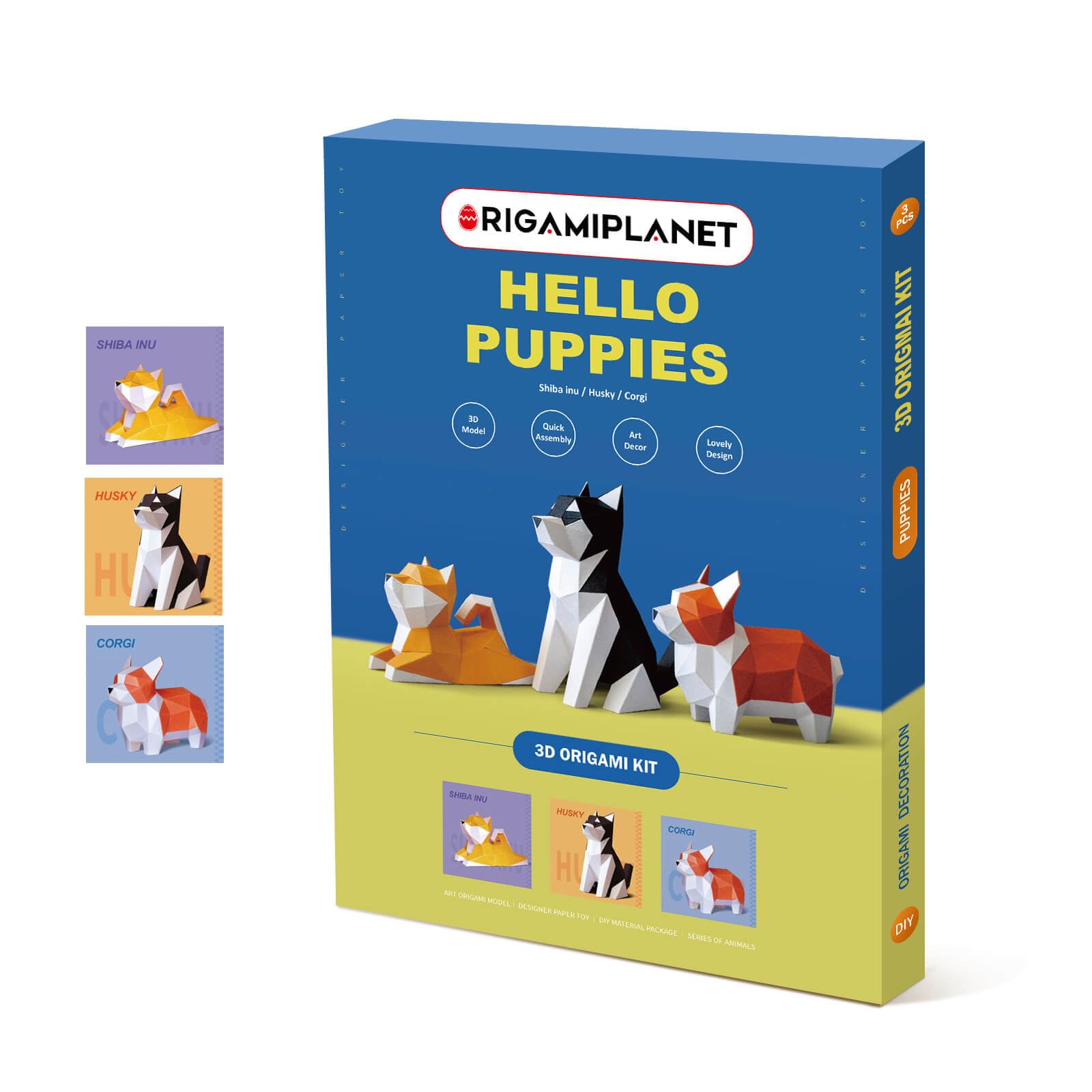 ORIGAMIPLANET Hello Puppies Zestaw upominkowy 3D do origami, 3 szt., Husky/Corgi/Shiba Inu, wstępnie wycięte origami, urocze zwierzę, papierowa rzeźba dla nastolatków i dorosłych, dekoracja domu, DIY