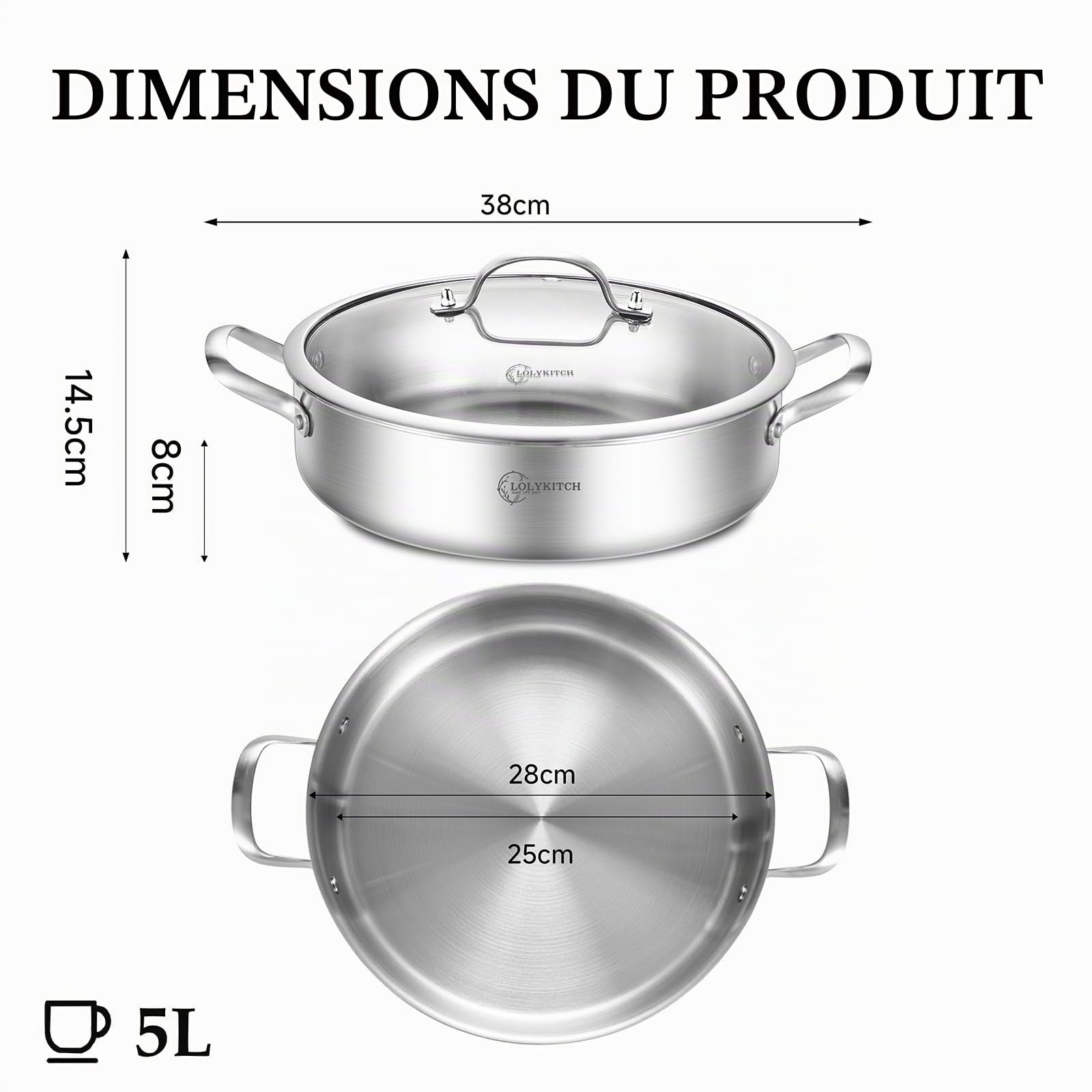LOLYKITCH Sauteuse 28 cm en acier inoxydable triple épaisseur, capacité 5 L | Acier Inoxydable avec Couvercle en Verre ,Sans Revêtement Antiadhésif , Compatible Induction et Tous Feux ,Sans PFAS