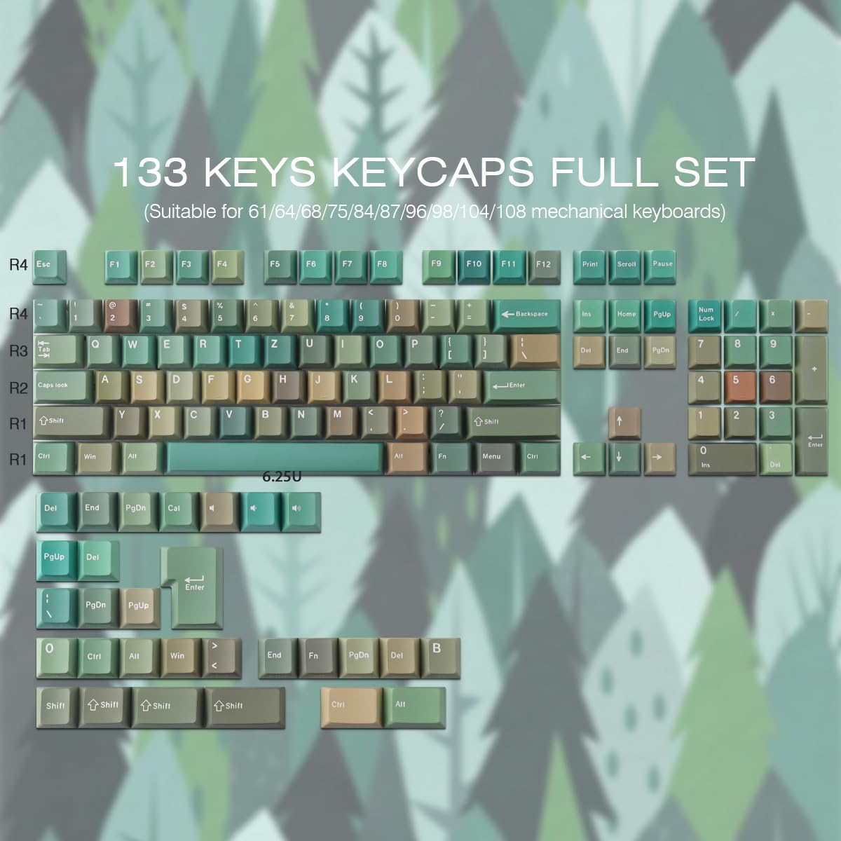 Sunzit Keycap PBT, 132 tasti Green Forest Custom Keycaps Cherry Profile Dye-Sub Keyboard Keycap set con barra spaziatrice 6.5u per switch MX tastiera meccanica da gioco