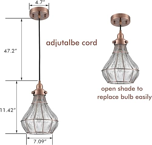 Miniatura 6 de YUBOLE Lámpara colgante de techo de jaula de alambre vintage de vidrio agrietado, cobre antiguo rojo