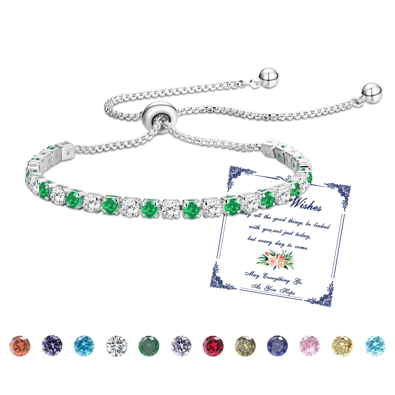 Esmoly Bracciale Donna Argento Bracciale Tennis con 12 Colori di Pietre Natali e 5A Sparkle Zircone Regolabile Regalo Compleanno Donna Ragazza