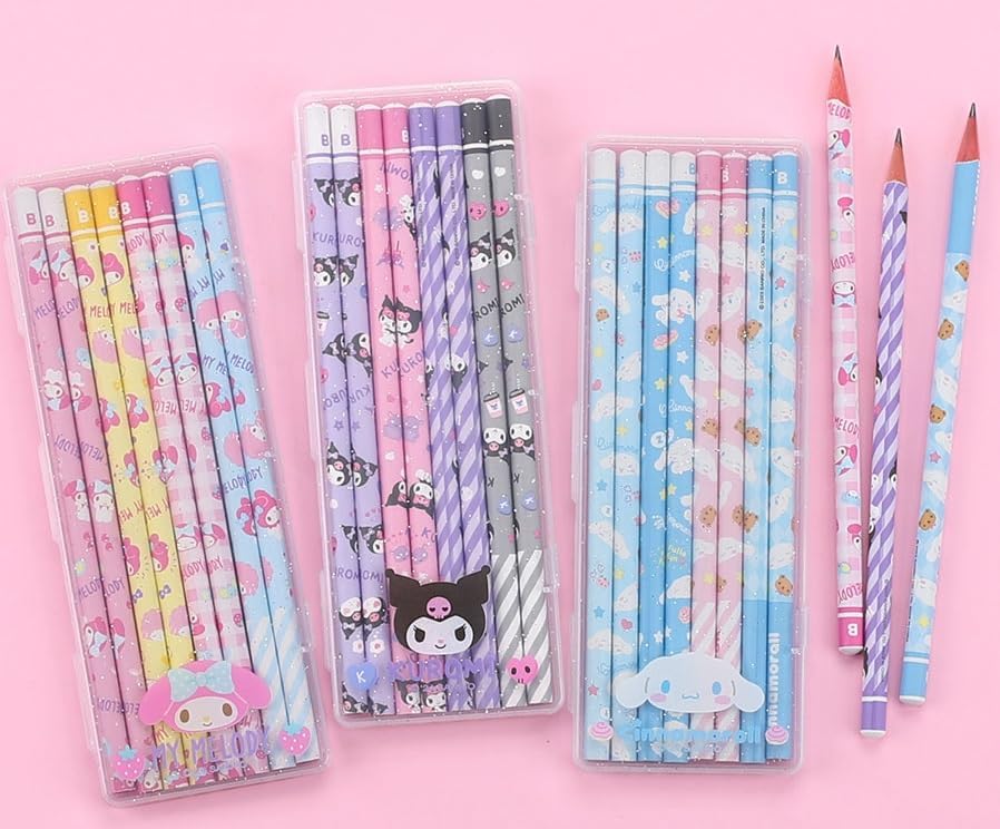 Cute Pencils with Case, B Round Pencils, 8 Count (Pink)