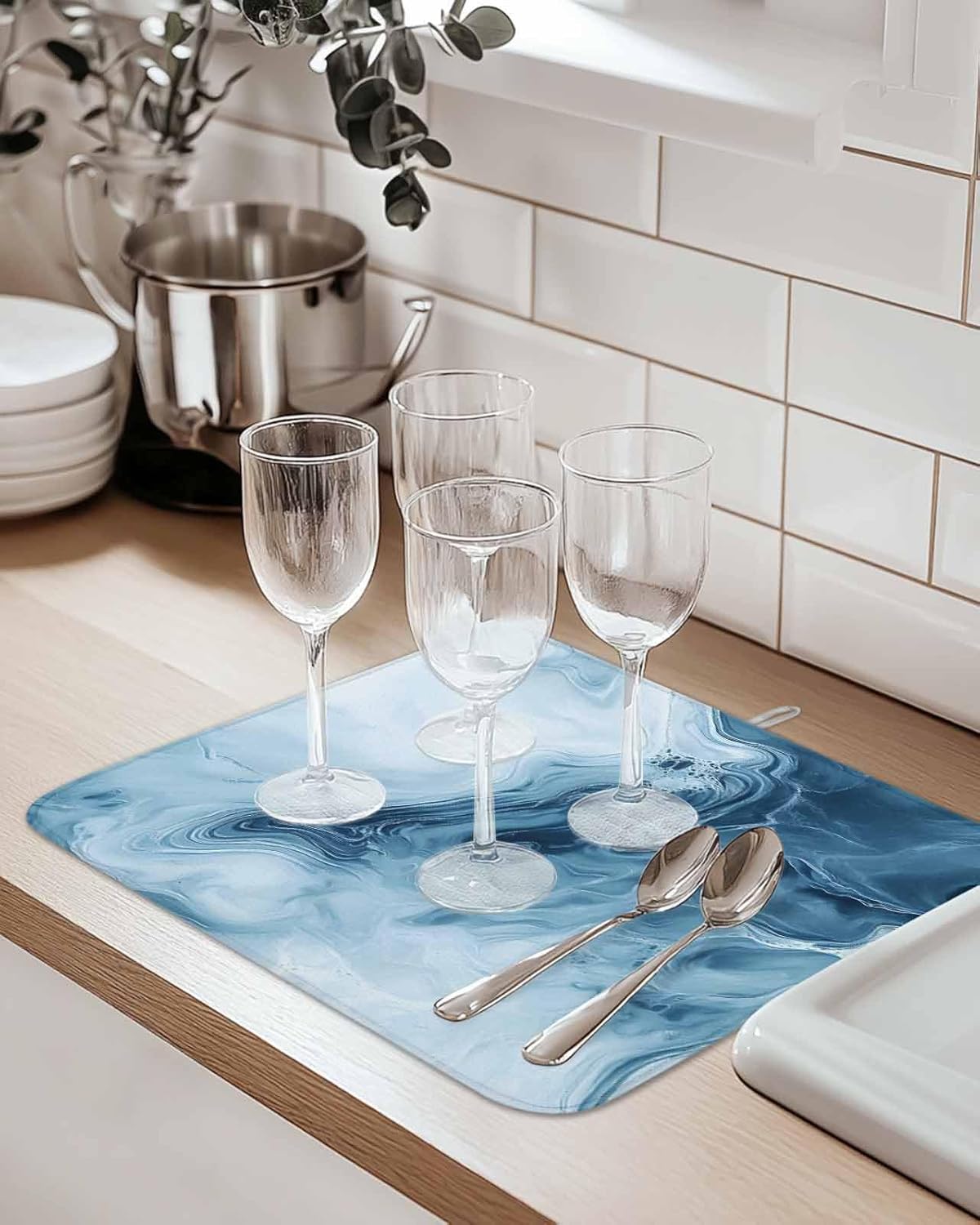Dish Drying Mat for Kitchen, Modern Minimalism Blue White Marble Texture Abstract Art Absorbent Kitchen Counter Mat, Dish Drying Pad for Dishes, Utensils, Pots and Camping, 18"x24"(2 Panel)