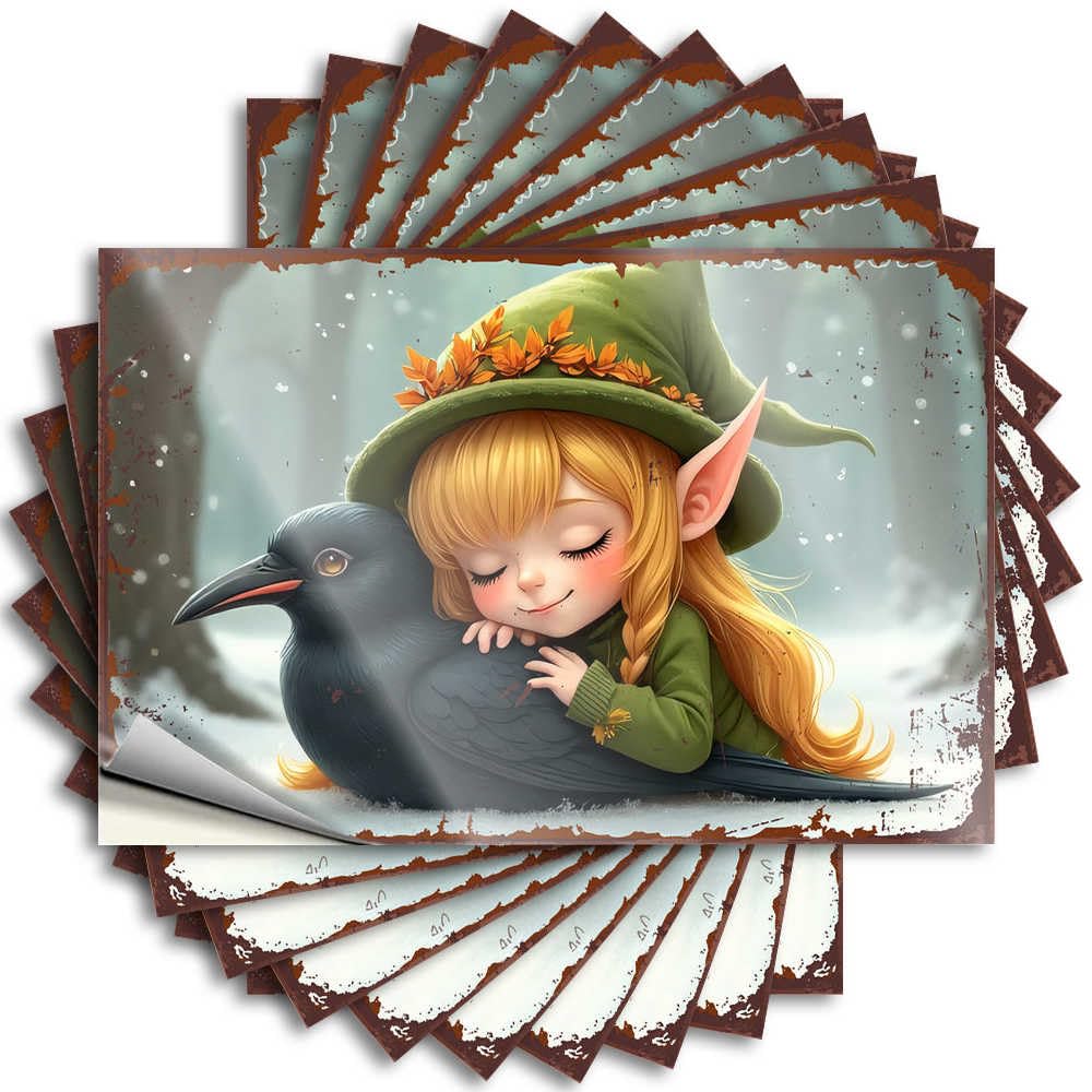 Fzfn Colour Decals Fire, Fishing Case Elf With Raven In Winter Forest | Tiki(8X12cm)