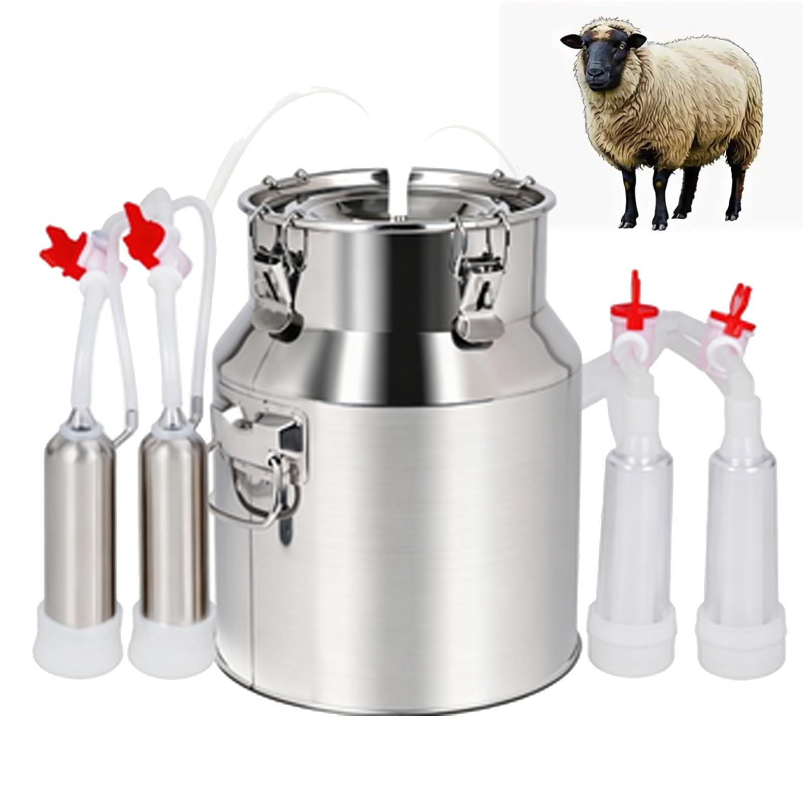 Ordeñadora portátil 2 en 1 de 2,6 gal/10 l for vacas, cabras, con cubo de acero inoxidable apto for uso alimentario, 4 tazas de tetina, sistema de pulsación, for rancho, uso doméstico de lácteos
