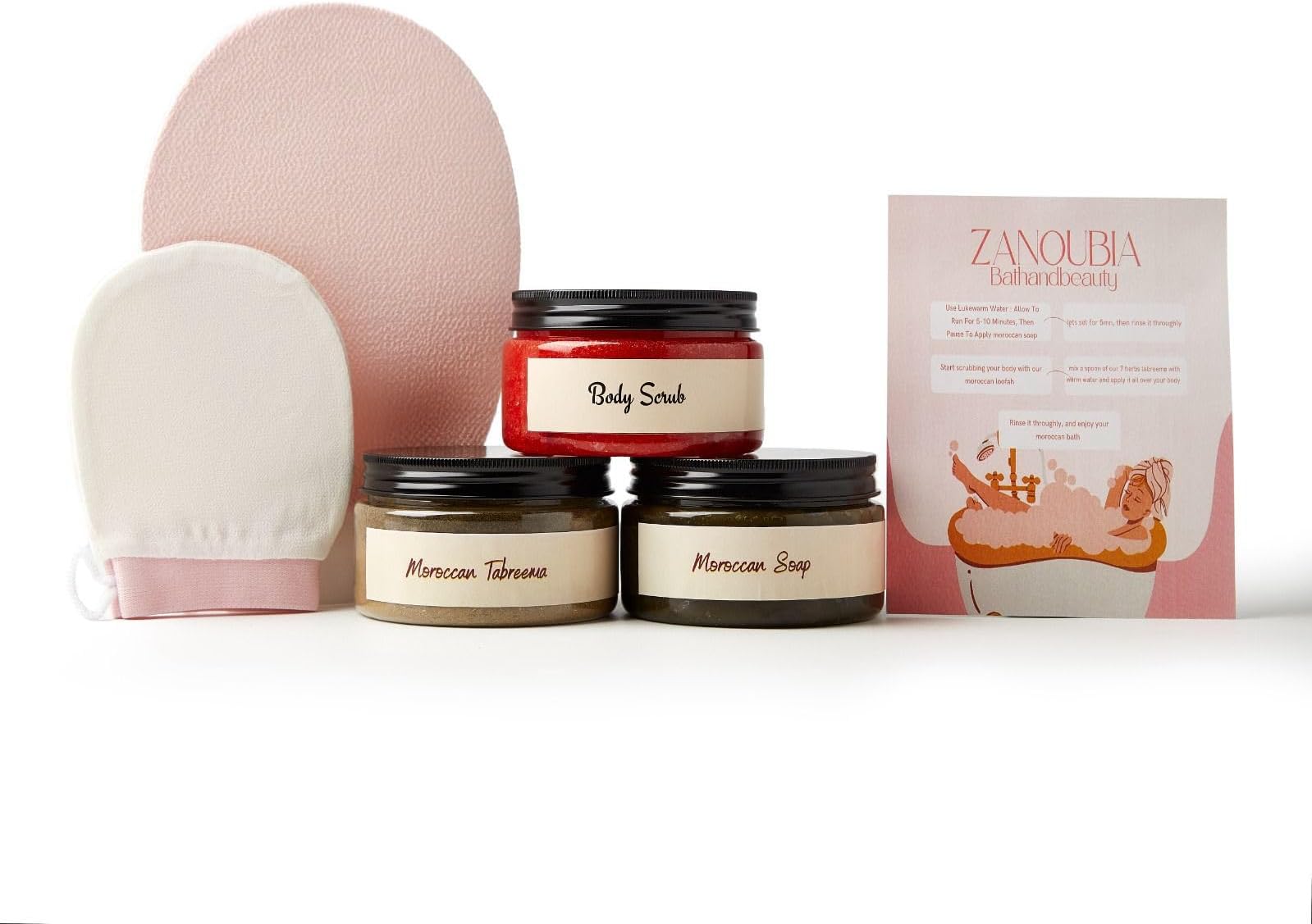 Vineen zanoubia bathandbeauty Moroccan Bath Set,100% Natural,Treats the Goose Skin, Exfoliates the Dead Skin, Soothing and Moisturizing Hammam Ritual(5in1)750g