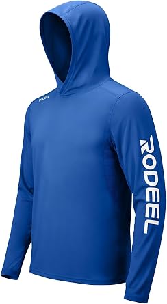Rodeel UPF 50+ Mens Long Sleeve Performance Fishing Hiking Shirt Sun Protection with Mask UV Neck Gaiter Hoodie