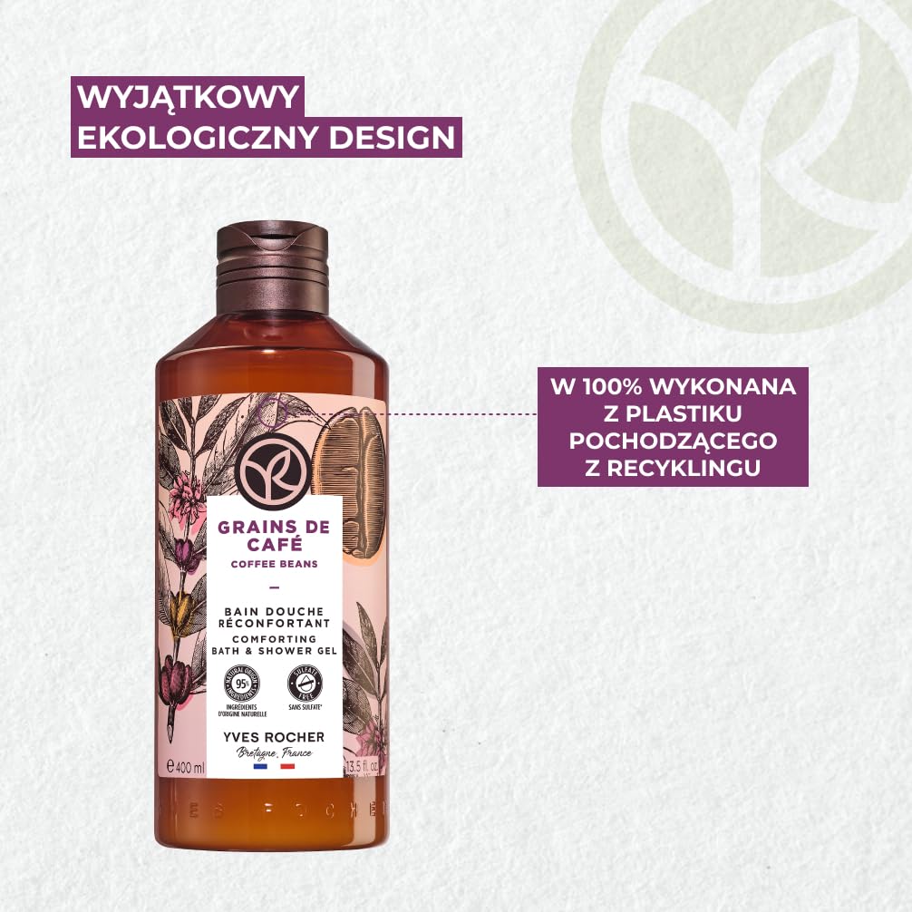 Yves Rocher Bain de Nature Ziarna Kawy – Energetyzujący i wyrafinowany żel pod prysznic i do kąpieli, aromatyczna pianka z ekstraktem, wegańska formuła, butelka z recyklingu, duża pojemność, 400 ml