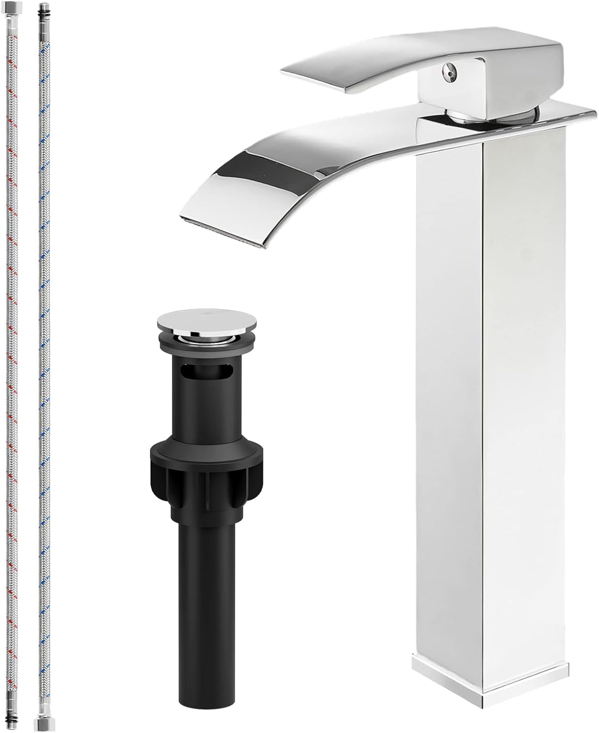 Polished Chrome Bathroom Faucet Vessel Sink Faucet Tall Stainless Steel Single Handle One Hole Deck Mount Bowl Vanity Sink Faucet with Pop-up Drain Assembly