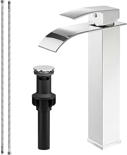 Bathfinesse Grifo de baño de cromo pulido para fregadero de recipiente, grifo de lavabo de acero inoxidable alto, de una sola manija, un agujero,