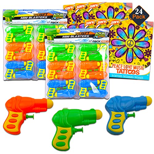 24 Pk Water Blasters for Kids Ages 8-12 Bulk - Bundle with Water Mini Squirt Gun Blasters for Kids Pool Party with Tattoos | Summer Pool Party Favors for Kids 4-8, Reusable Family Outdoor Water Toys