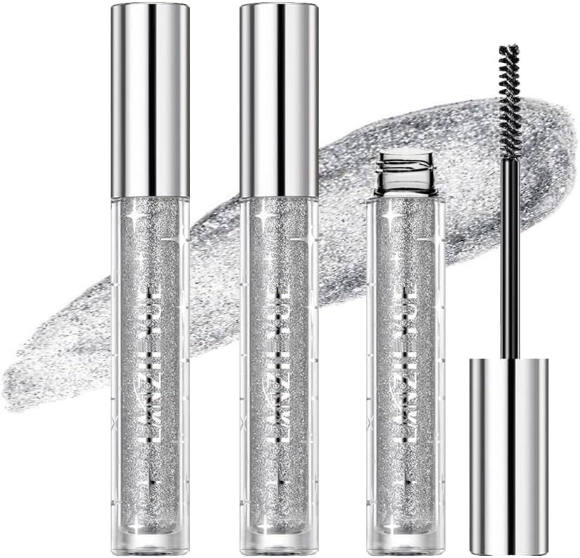 3Pcs Glitter Silver Colored Mascara - Long-Lasting, Voluminous Eyelashes with Subtle Diamond Sparkle, Shimmery, Waterproof (Silver, 3Pcs)