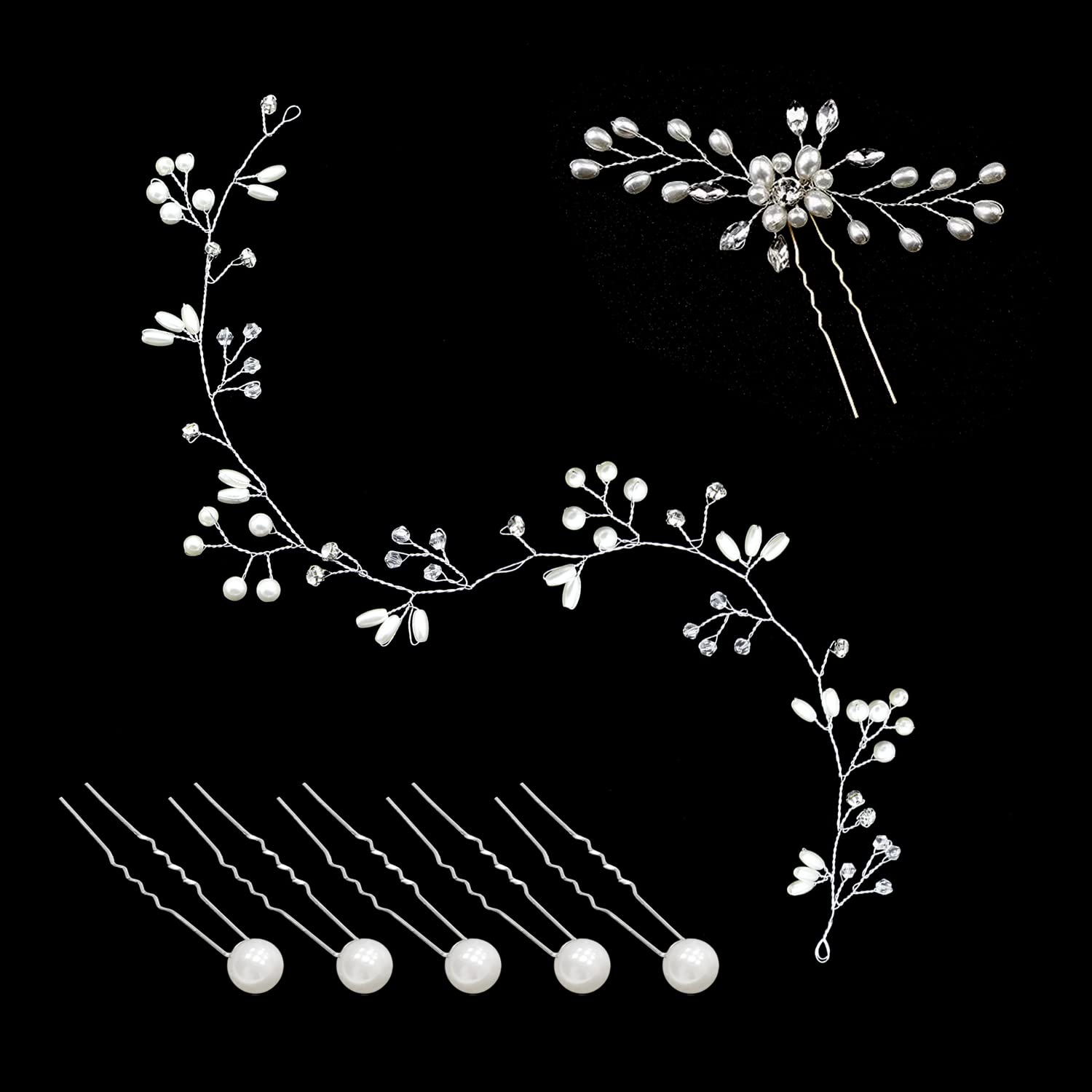 Diadema de vid de 50 cm con 1 horquilla con forma de flor de diamantes de imitación y 5 pinzas de perlas en forma de U, vid, cristal, accesorios para el cabello de novia, adecuado para bodas (plata)