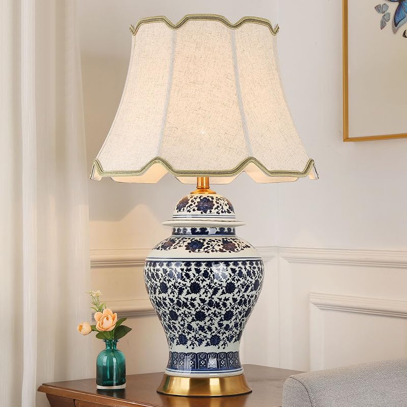HvKvHvY Table Lamp Retro Ceramic, Fabric Bedside Lamp,Vintage Bedroom Reading Light White lampshade Desk Lamp Modern Style E27 Nightstand Lamp for Hotel Living Room Office (G 58CM)