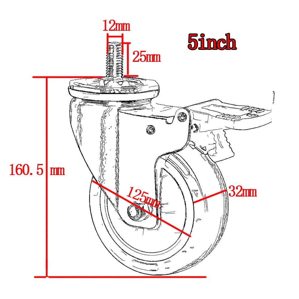 Fil M12 Roulettes pivotantes avec frein 125mm 5 '' roulettes industrielles pour chariot pour meubles silencieux PU 540 kg Table de travail hôpital usine 4 pièces
