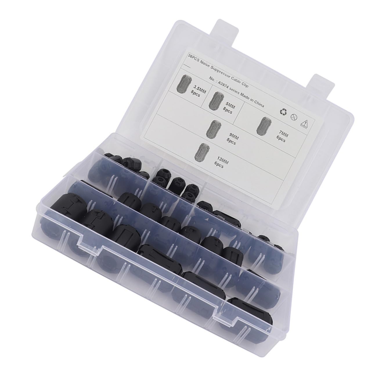 Amosfun 36 Pezzi Filtri Antirumore Nucleo di Ferrite, Clip a Scatto per Cavi Usb, Telefonici e Satellitari, Accessori Elettronici per Auto Riduzione Interferenze Elettromagnetiche