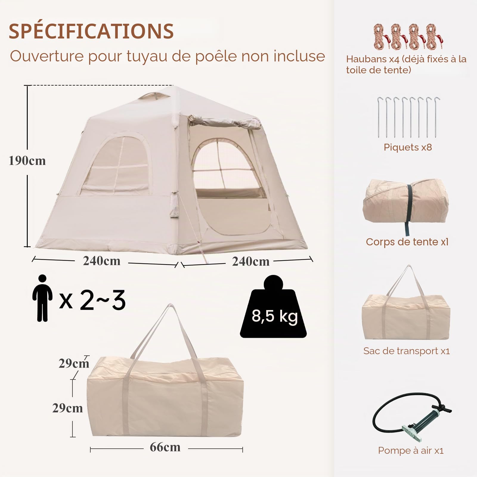 Tente de camping gonflable avec pompe à main - Montage facile - Imperméable - Coupe-vent - Tente gonflable d'extérieur - 2 à 10 personnes - Oxford Glamping