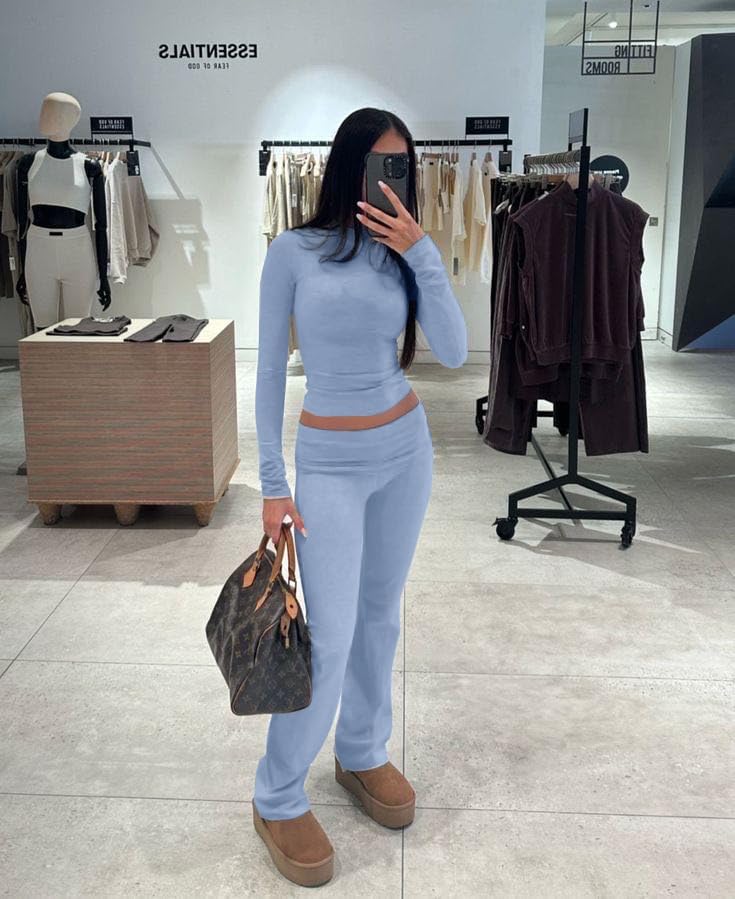 AYWA Women's 2 Piece Outfits Foldover Flare Pants Long Sleeve Crew Neck T-shirt Fitted Pajama Sets - Image 2