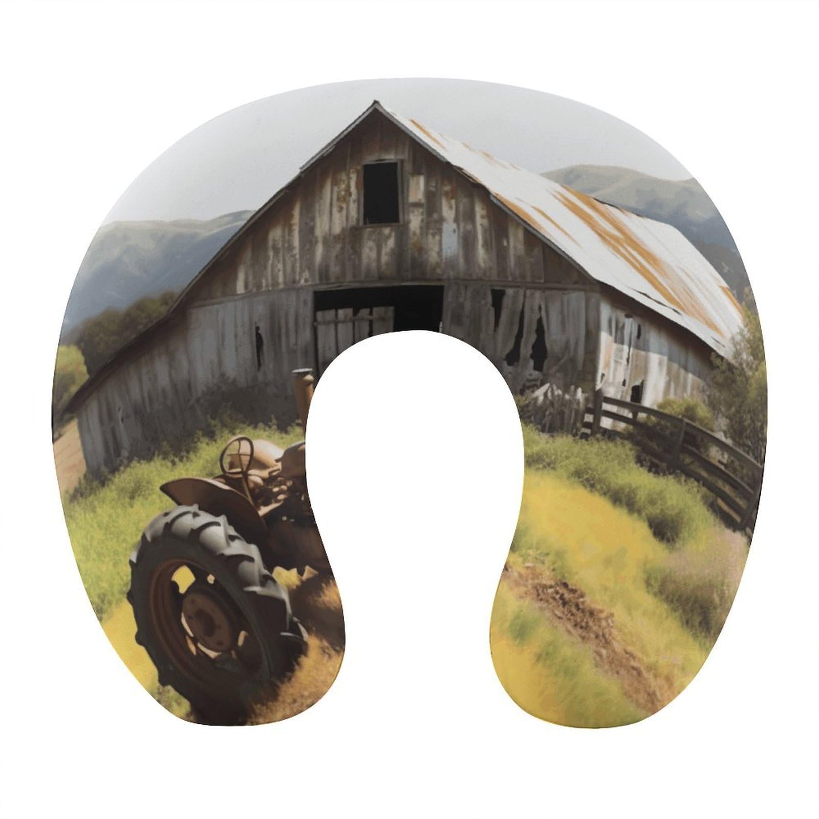 FekiLoot Old Wooden Barn with Rusted Tractor Travel Pillow,U Shaped Office Napping Pillow Support Neck and Head Comfortable Travel Neck Pillow U Shape Sleeping Essentials for Long Haul Flights