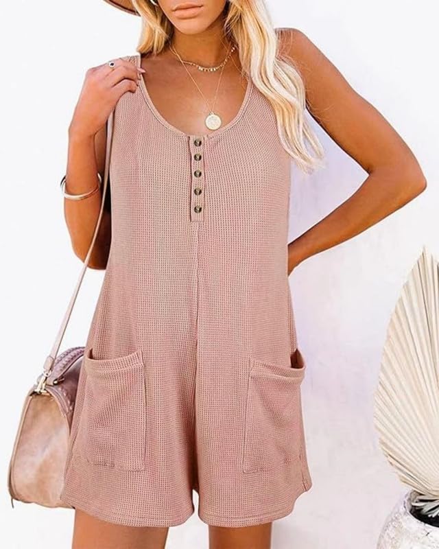 Mono Mujer Verano Sin Mangas Cuello en V Jumpsuit Corto Casual Sueltos Elegante Pierna Ancha Botones Bolsillos Playa