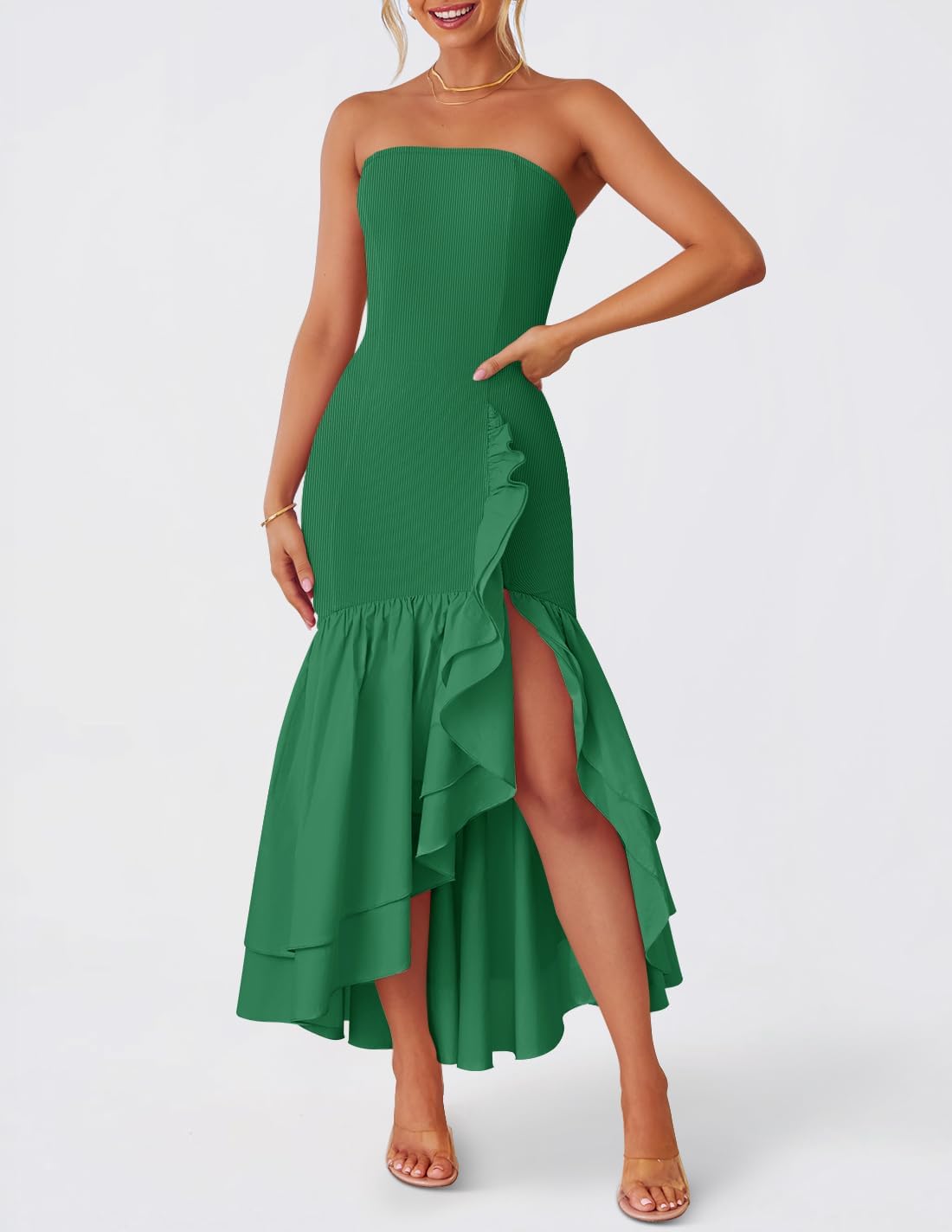 ZESICA Women's 2025 Summer Strapless Bodycon Maxi Dress Ribbed Sexy High Split Mermaid Prom Party Dresses - Image 2