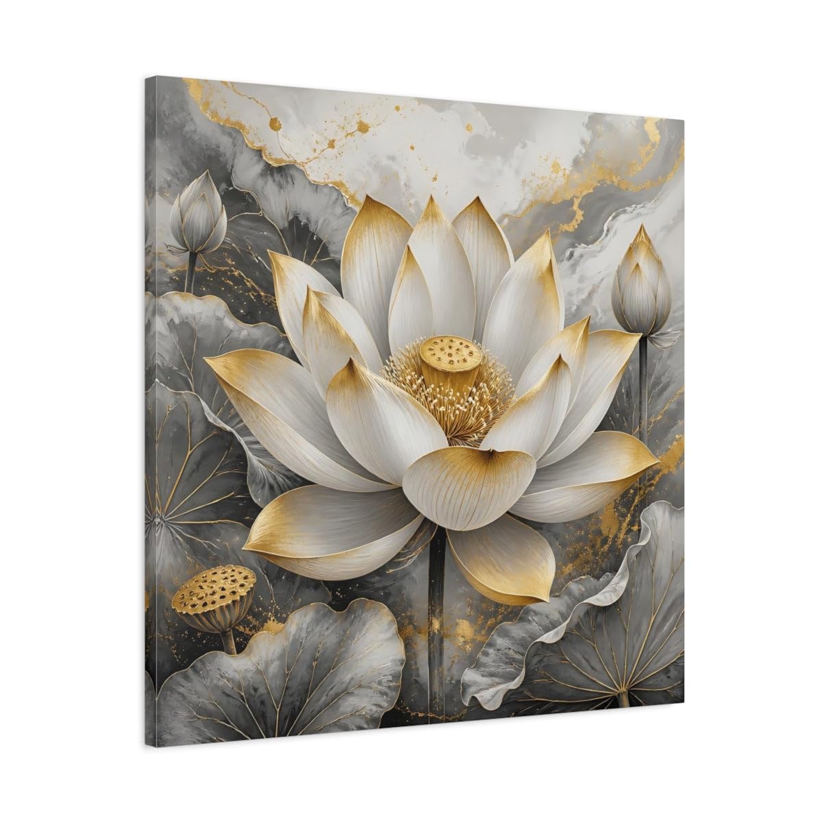 Impression Lotus Doré sur Toile de Qualité Supérieure Cadre Épais - 8